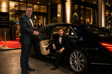 Arrivée d'un VIP devant un hôtel ou un événement