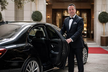 Chauffeur ouvrant la porte d'un véhicule de luxe